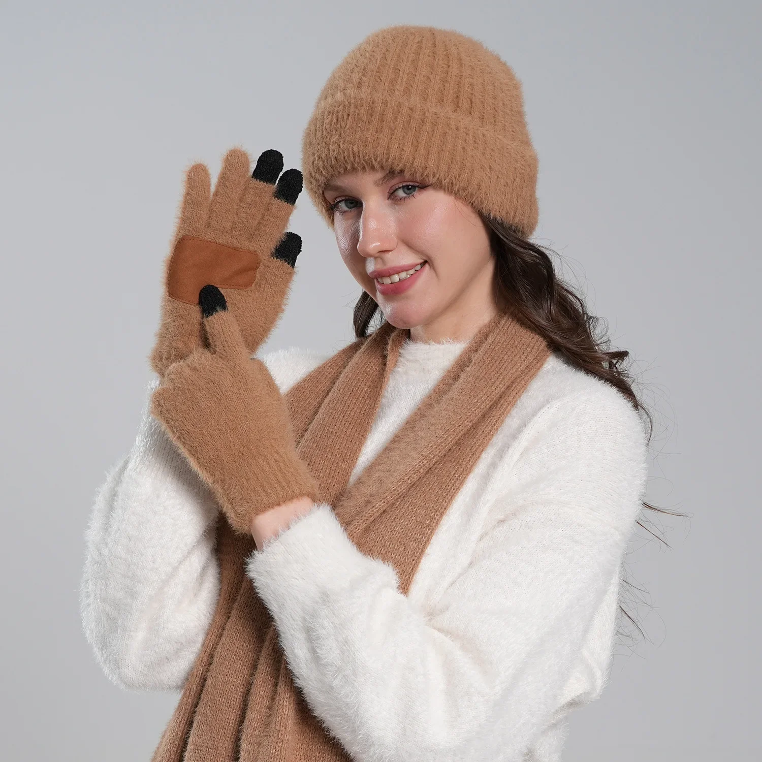 Winter Knit Hat Scarf Gloves 3 Piece Set Touch Screen Gloves for Adult Men Women Warm Accessories