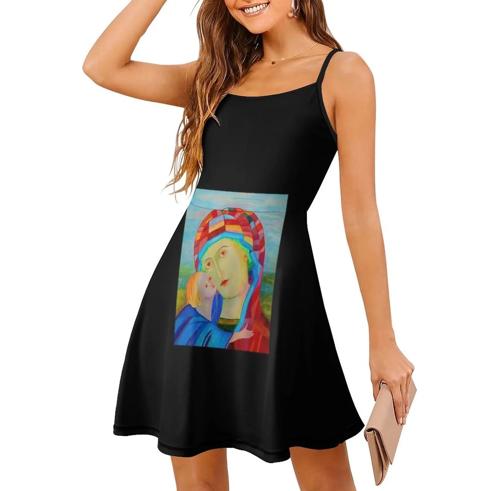Sukienka mini w stylu preppy z motywem Matki Boskiej z Dzieciątkiem i Jezusa Chrystusa, o kroju A-line, luźna, codzienna sukienka dla kobiet.
