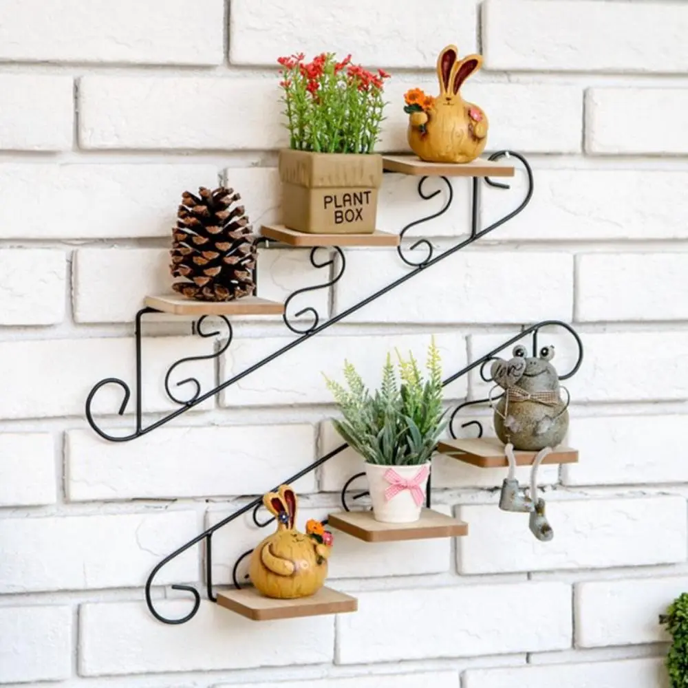 American Style Wall-mounted Flower Stand Staircase Shape Iron Art Wall Display Shelf Simple Wall Hanging Flower Pot Living Room