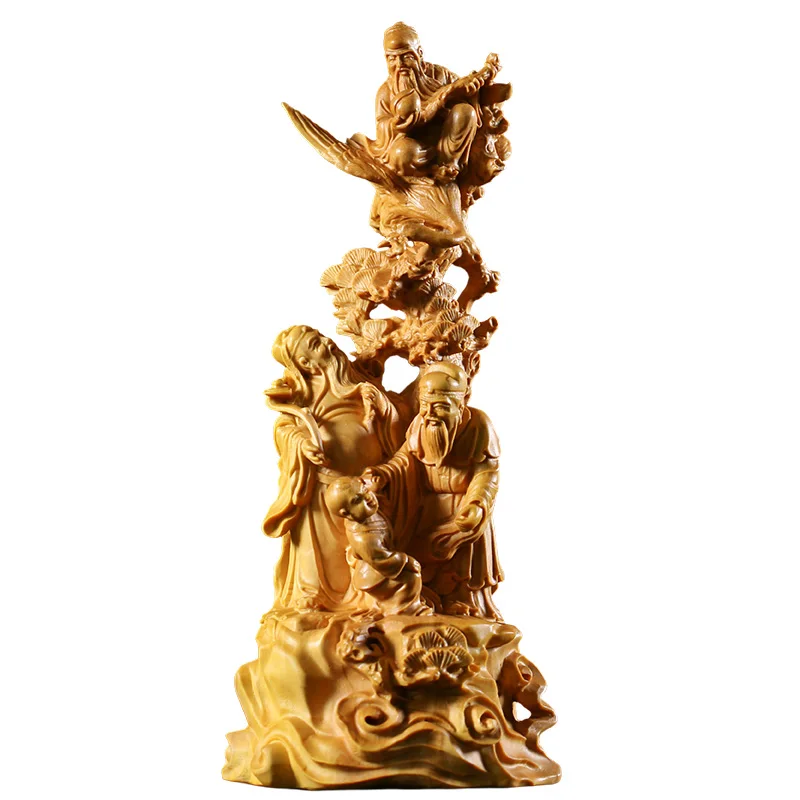 Sanxing Three Stars Wood Sculpture, Mythological Feng Shui Decor, Mythological