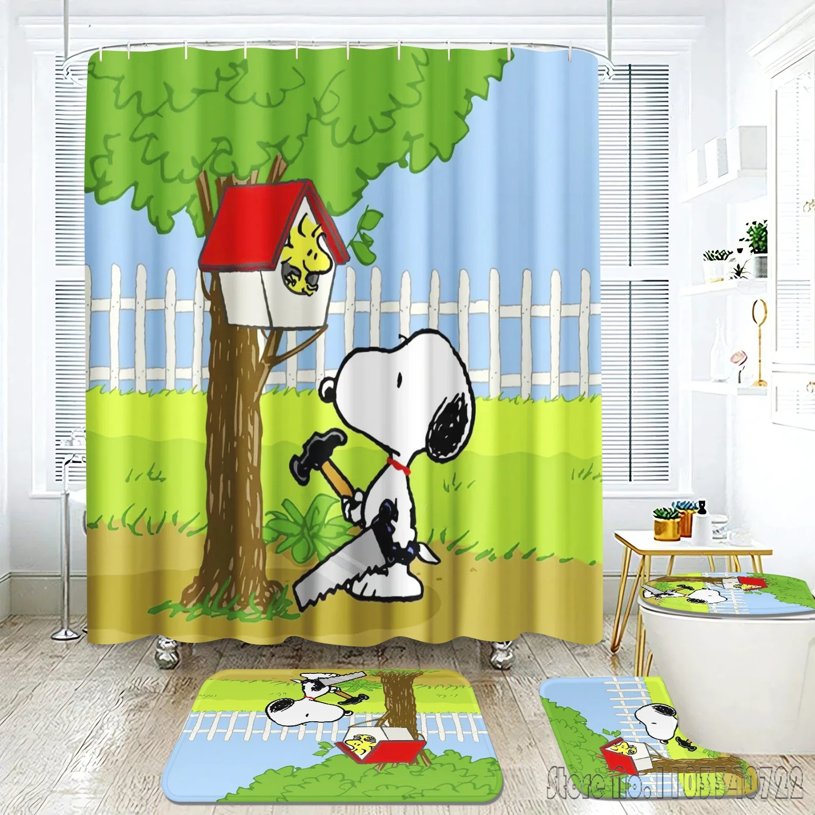 Baby Cute Snoopy Anime Bath Shower Curtain Set 4pcs with Hooks Waterproof Bathroom Toilet Mat Lid Decor