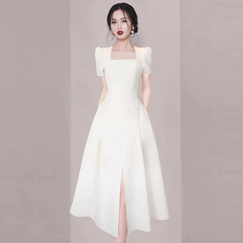 Temperament Luxury Split Office Long Dress 2023 New Summer Women Square Collar Puff Sleeve Ladies Solid Slim Waist Party Vestido