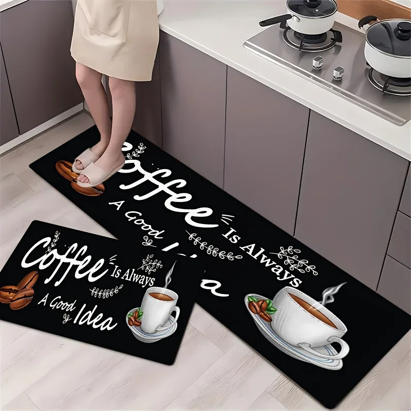 1 Style of Coffee-Themed Mat, Featuring Coffee Beans, Coffee Cup Patterns, And Decorative Leaves, with a Easy And Warm Style,