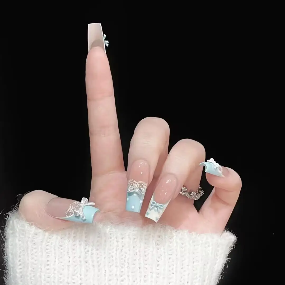 10 stks Nieuwe Blauwe Vlinder Raster Druk Op Nagels Leuke Strik Cat's Eye Nail Patch Vrouwen Meisjes Kawaii Afneembare Koreaanse Nep Nagels