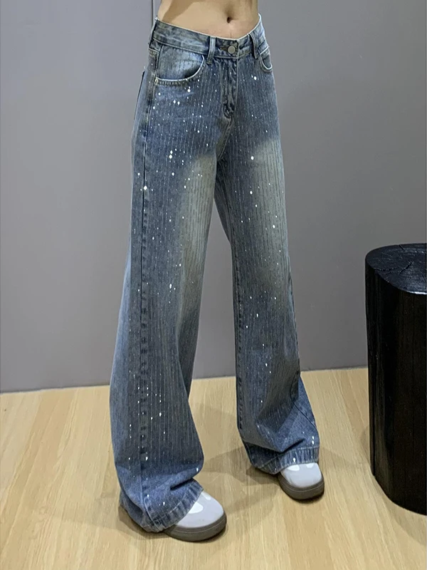 Thiened Fce cintura baixa pesada Du jeans feminino brilhante diamante embelezado solto ajuste quente outono inverno calças jeans