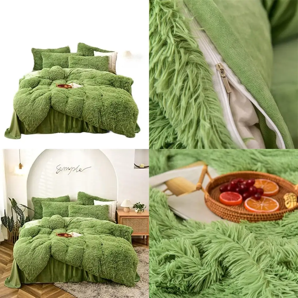 

Комплект плюшевого пододеяльника зеленого цвета авокадо, полный размер — мягкое лохматое одеяло и подушка на молнии из трех предметов