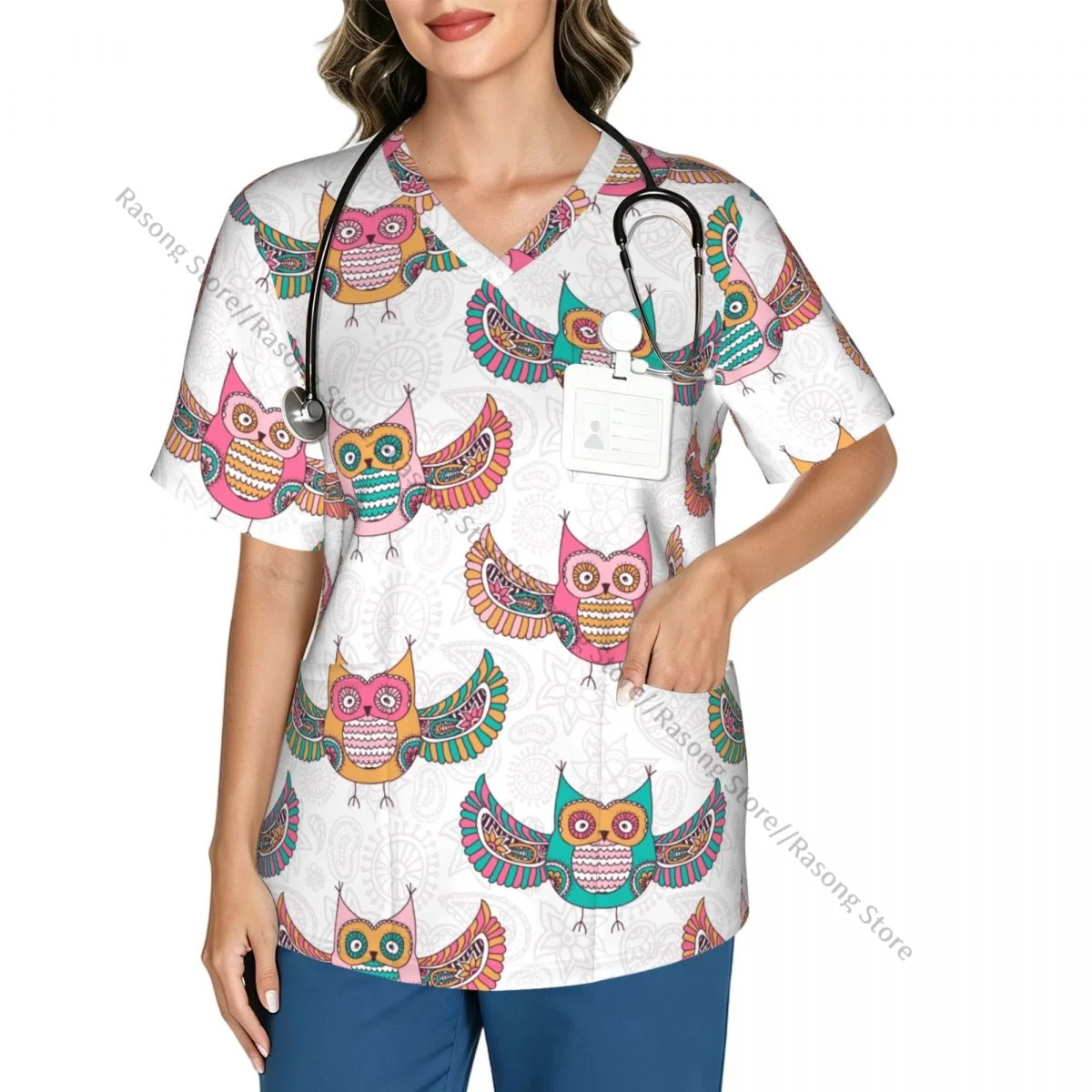 Women's Medical Scrub Top V Neck Short Sleeve Coloured Owls Stretch Nursing Uniform for Hospital Clinic