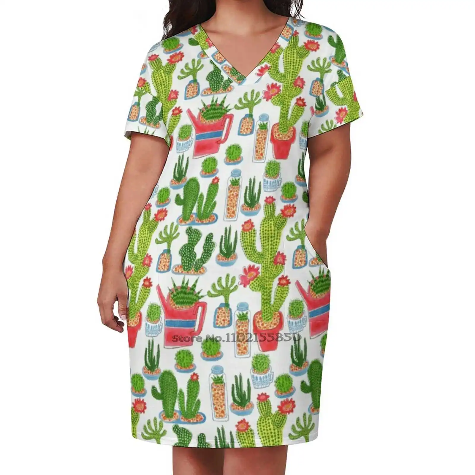 Cactus Loose Pocket Dress Print Short Sleeve Dresses V-Neck Dress 5Xl Cactus Plant Tropical Summer Water Can Flower Pattern