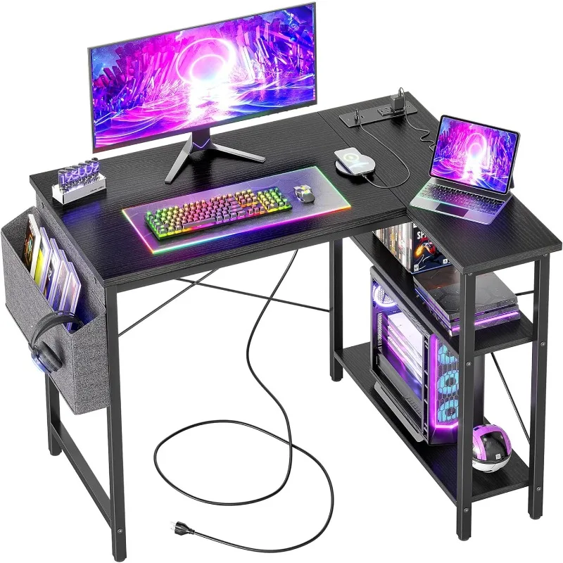 

Small Computer Desk with Power Outlets, 40 Inch L Shaped Desk with Reversible Shelves