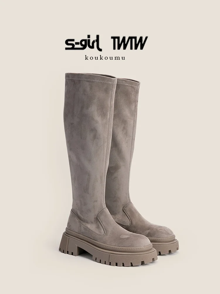 

SGIRL TWTW Retro Sle Faux Suede High Boots Women's Slip-On Elastic Boots Chunky Heel Slimming Long Boots Trendy