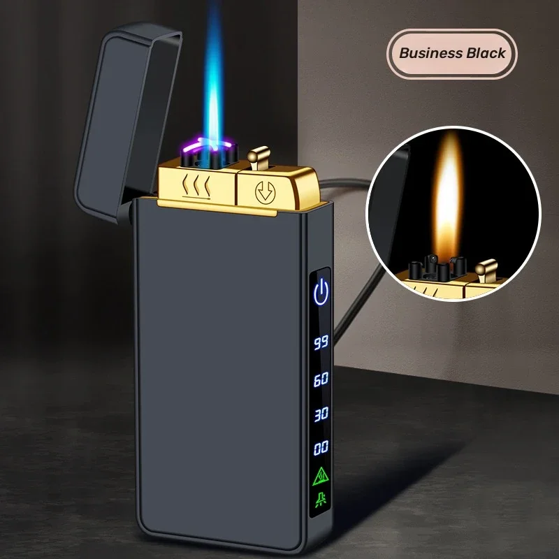 Triple Flame Electric Pulse Plasma Dual Arc Type-C Lighter Metal Outdoor Windproof Blue Red Flame Torch Jet Lighter Men\'s Gift