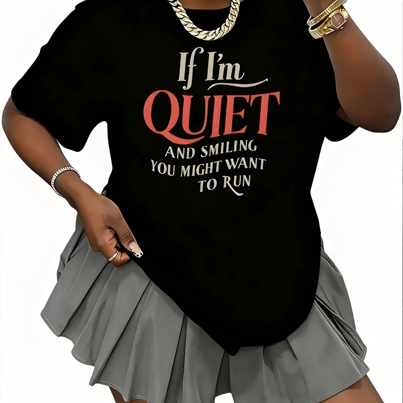 If I Smile Quietly, You May Run Away Women's 100% Cotton T-Shirt Fun Print Short Sleeve Top Casual Round Neck Tee S-5Xl