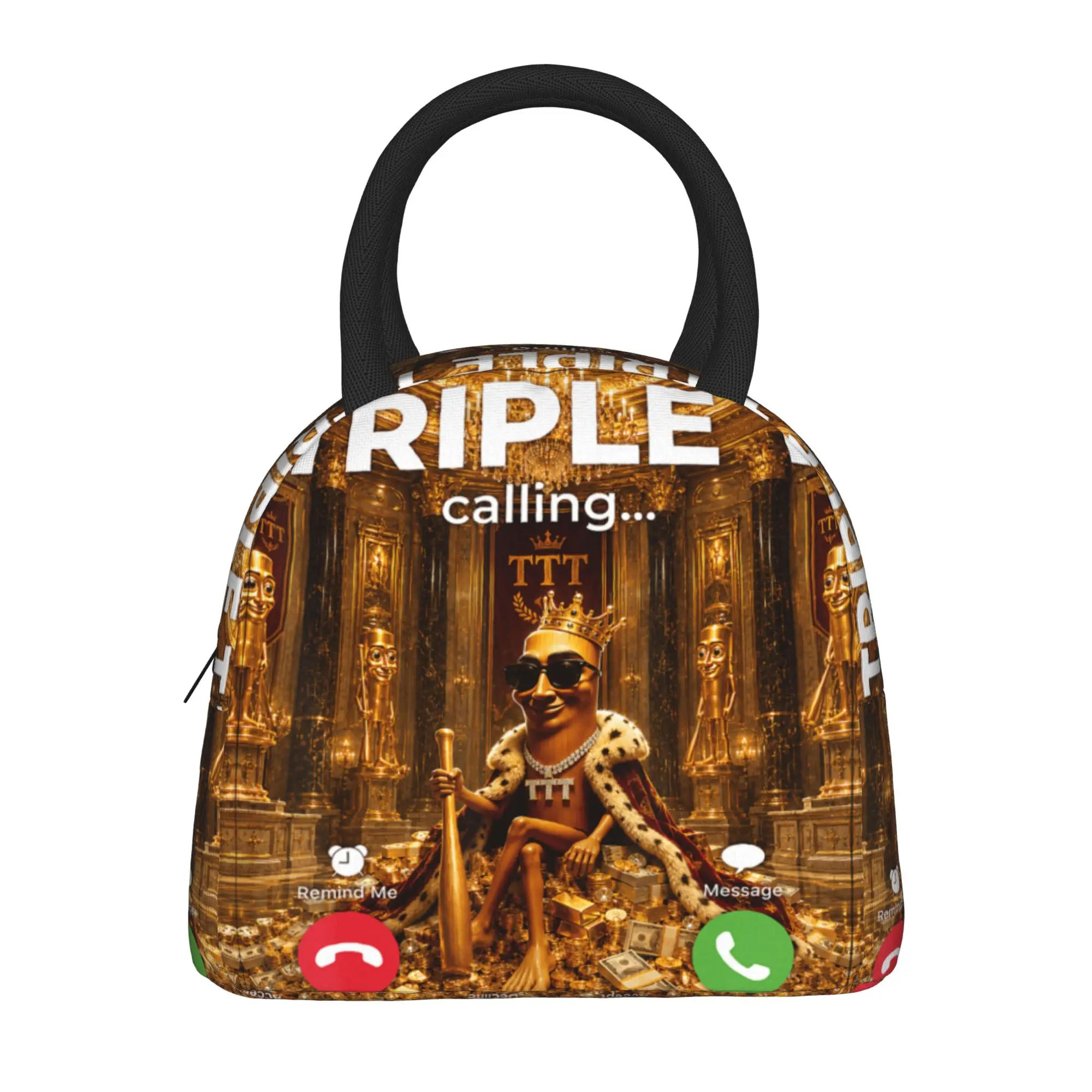 King Triple T Meme Phone Calling Tung Sahur Golden Chamber Lunch Bag  Travel Lunch Box For Women Casual Designer Tote Food Bags