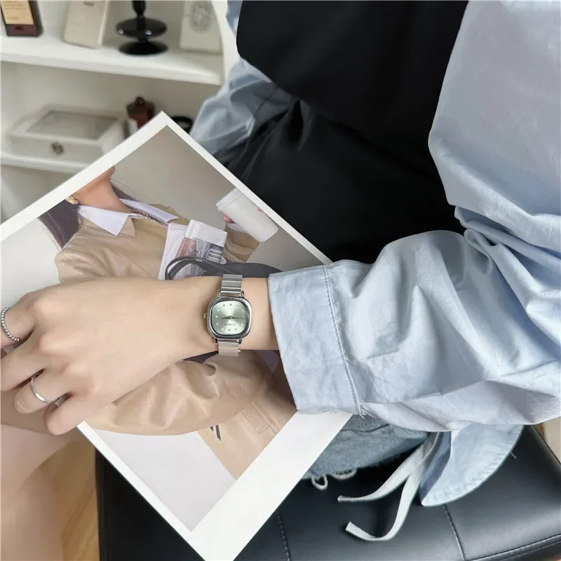 Luxury Women Small Square Quartz Watch Fashion Green Dial Stainless Steel Strap Wristwatch Montre Femme Reloj Mujer Dropshipping