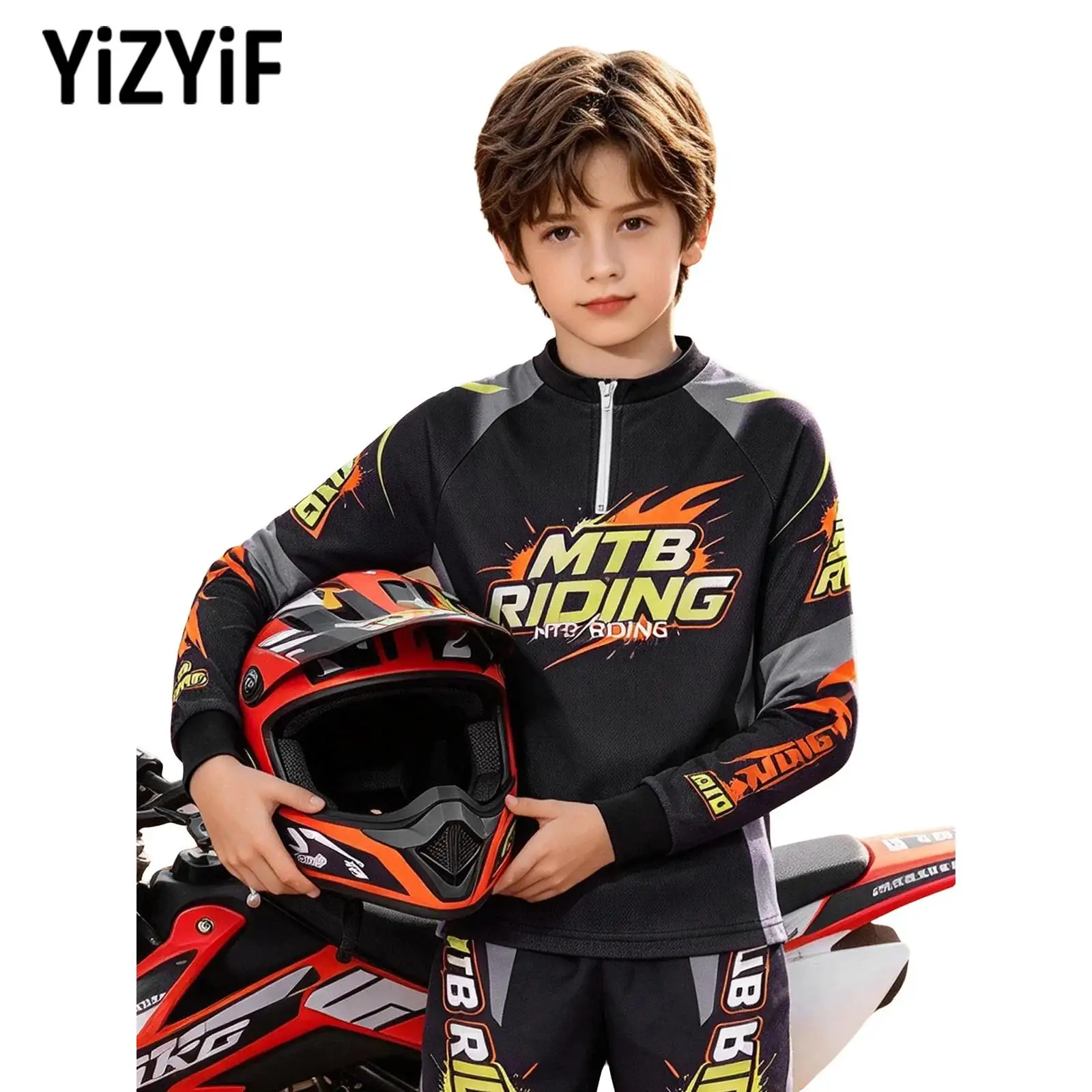 Kids Boys Mountain Bike Shirts Child Zip-up Long Sleeve Cycling Jerseys Breathable Letter Print Color-block T-shirt Sportswear