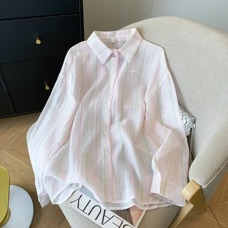 

2025 early spring color striped sunscreen shirt women's jacket fashionable loose and versatile breathable long-sleeved shirt
