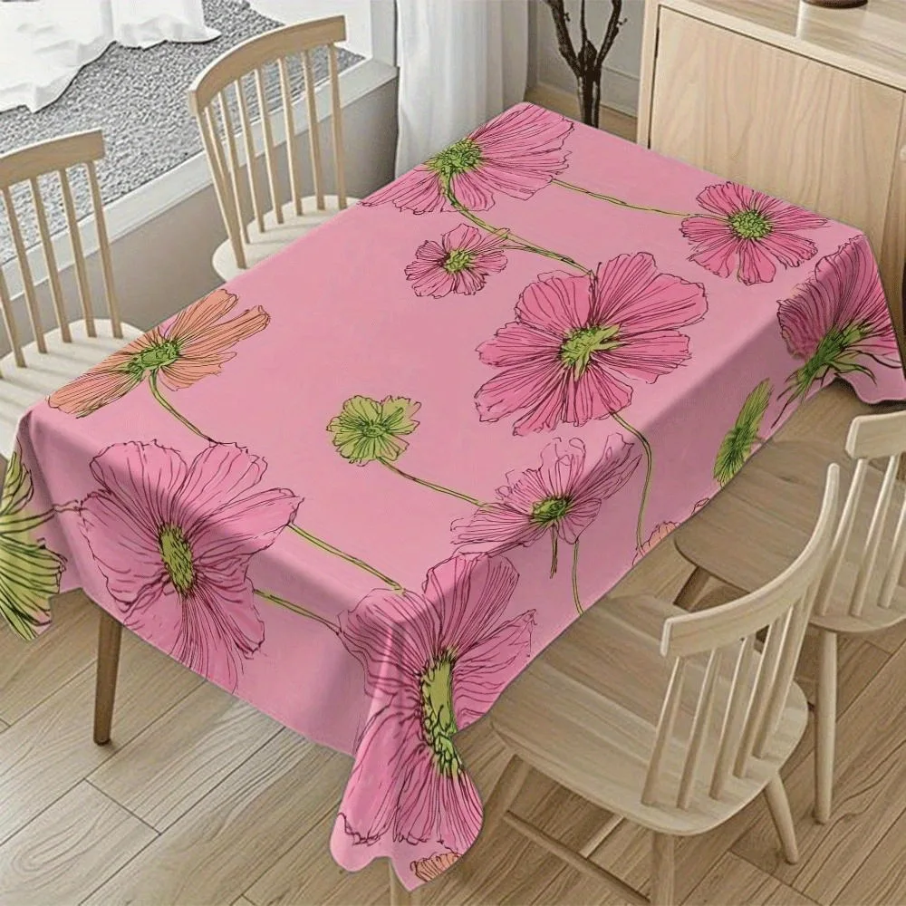 1pc Pink Nebula Floral Tablecloth, Rectangular, Hand-Painted Design with Vibrant Pink Flowers and Green Leaves, Perfect for Picn