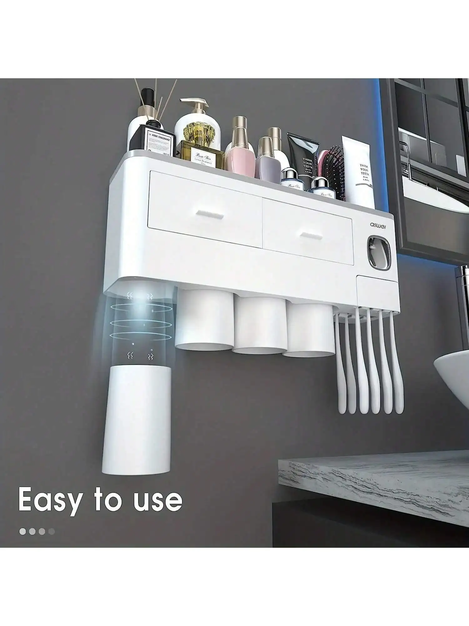 حامل فرشاة الأسنان مثبت على الحائط بدون مثقاب - منظم حمام 2 في 1 مع عصارة معجون الأسنان ورف تخزين #3