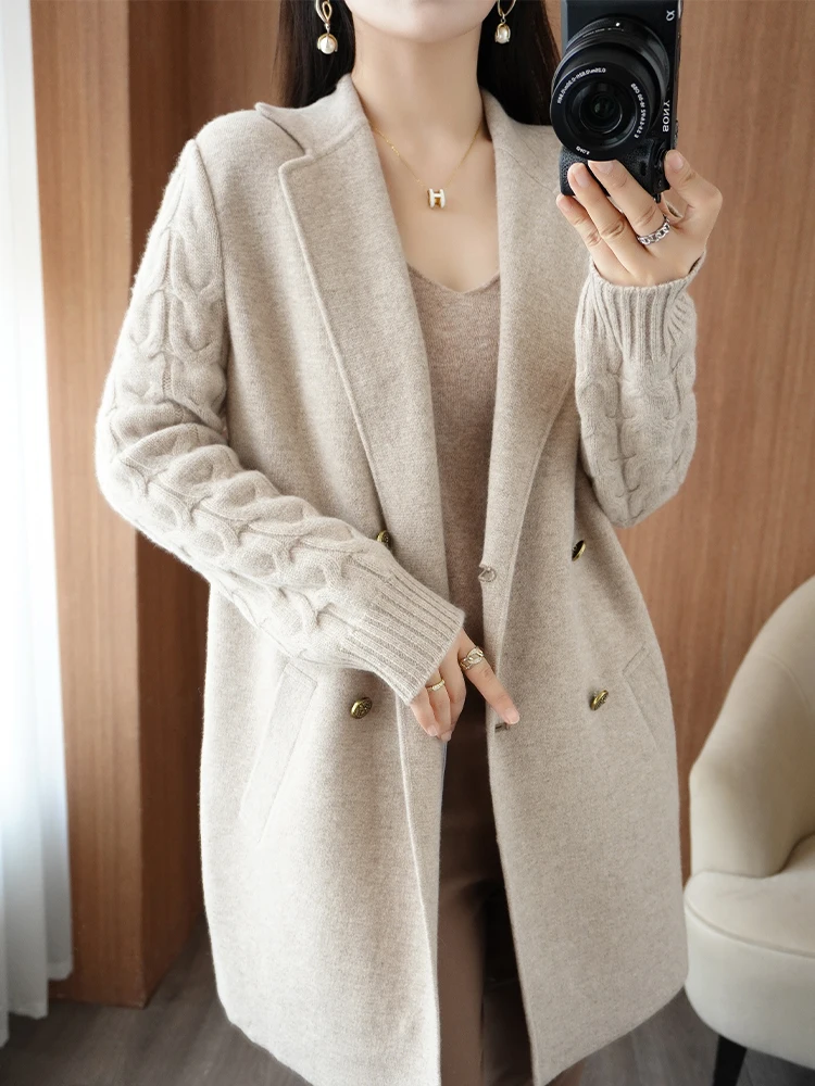 New Spring Autumn Pure Wool Cardigan Women's V-neck Merino Wool knitjacket 2023 Korean Westernized Pure Color versátil Top