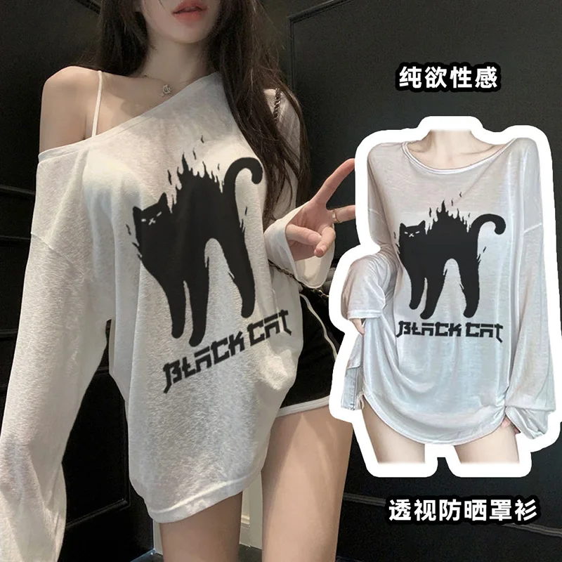 Sexy Loose Thin Perspective Long Sleeve T-Shirt for Women Summer New Cartoon Printing O-neck Sunscreen Y2K Tops