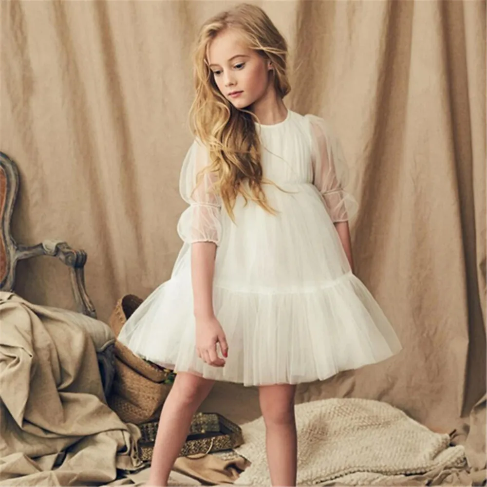 Adorável bebê flor menina vestido branco três quartos em camadas meninas vestidos de casamento da criança tutu outfit crianças vestidos de aniversário