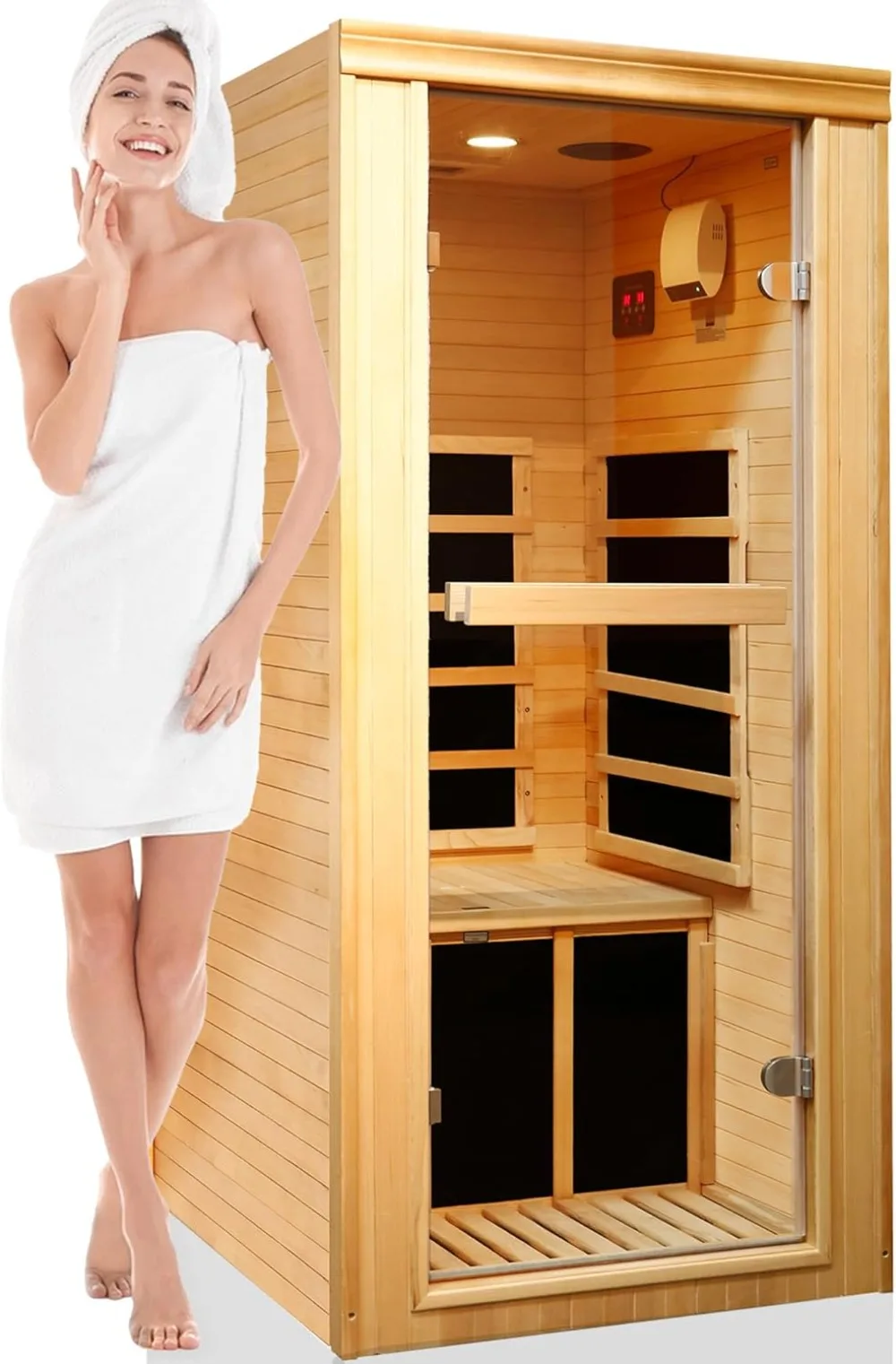 

Sauna Infrared 1 Person Sauna Home Canadian Hemlock 980w Low-EMF Dry Saunas 5 Ultra-Low Energy Saving Heating Panels, Built-in