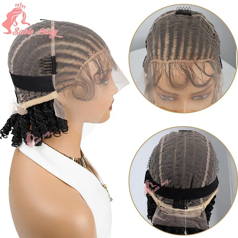 Handmade Short Bob Cornrow Braided Wigs Synthetic Glueless HD Full Lace Knotless Box Braided Wig With Curly Ends