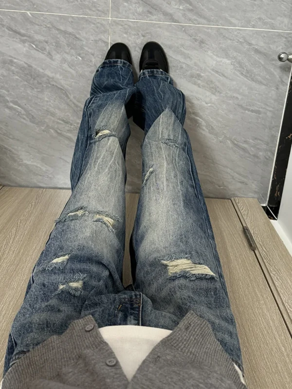 

Мужские джинсы с синим молниевым узором, американские брюки с микро-расклешенными брюками в стиле ретро, длинные джинсы со средней талией и прямыми штанинами