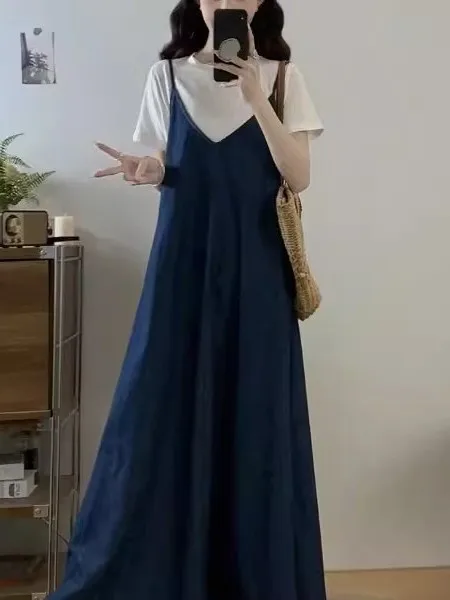 Ensemble deux pièces décontracté et respirant pour femme grande taille 300, en jean, avec T-shirt et jupe longue, coupe ample, idéal pour l'été