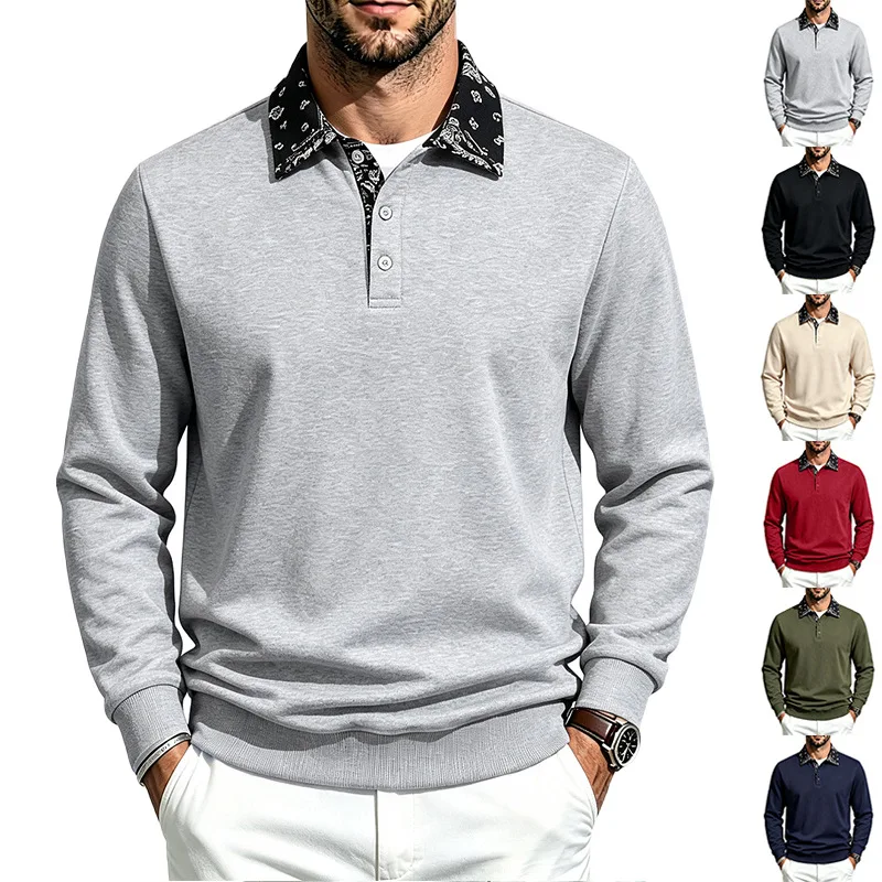 Men Long Sleeve Polo Sweatshirt, Printed Spliced Collar Partial Button Placket Casual Pullover Tops