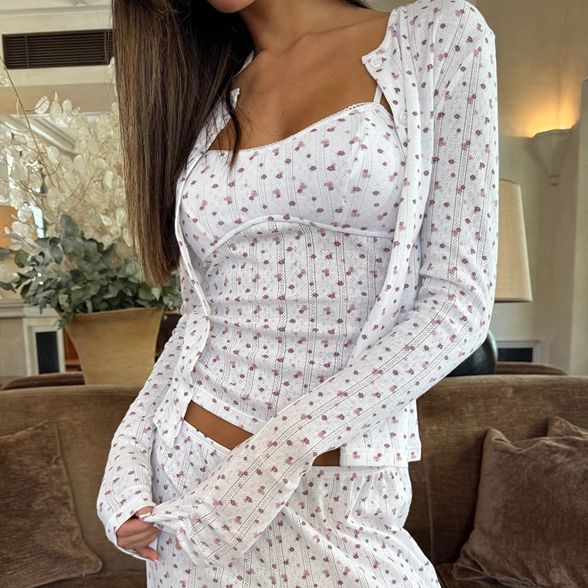 HiLoc Print Sweet Knit Pajamas 3-Piece Long-Sleeved O-Neck Single-Breasted Cardigan Sleeveless Camisole Top Elastic Waist Pants
