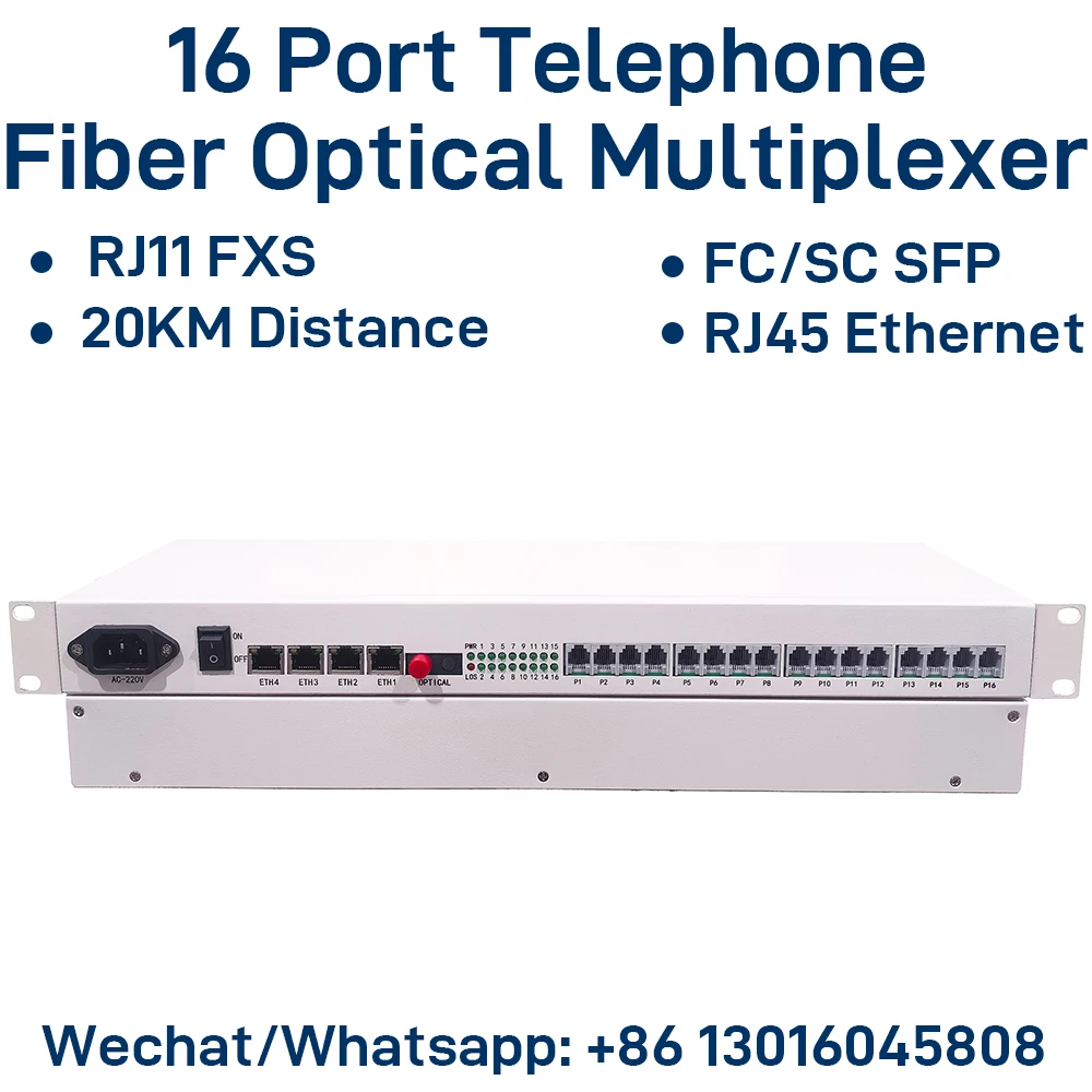 16 Port Telephone Fiber Optical Multiplexer RJ11 FXS Phone Over Fiber with Fast Gigabit Ethernet Physical Isolated Network 20KM