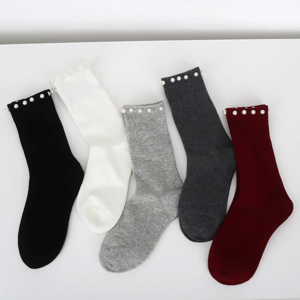 

Women Socks For Woman Female Lady Japanese Korean High School Girls Socks Loose Fashion Ancora Red Cotton Long Socks Pearls