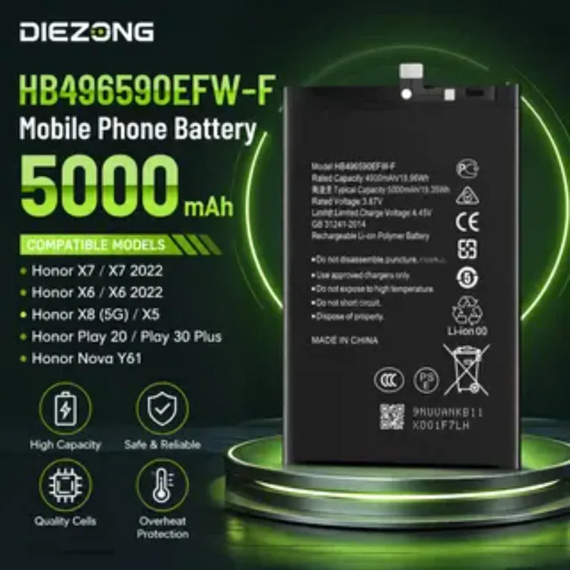 2026 In‑Stock HB496590EFW‑F Mobile Phone Battery For Huawei Honor x7/x6/x8/x5/Play 20 5000mAh