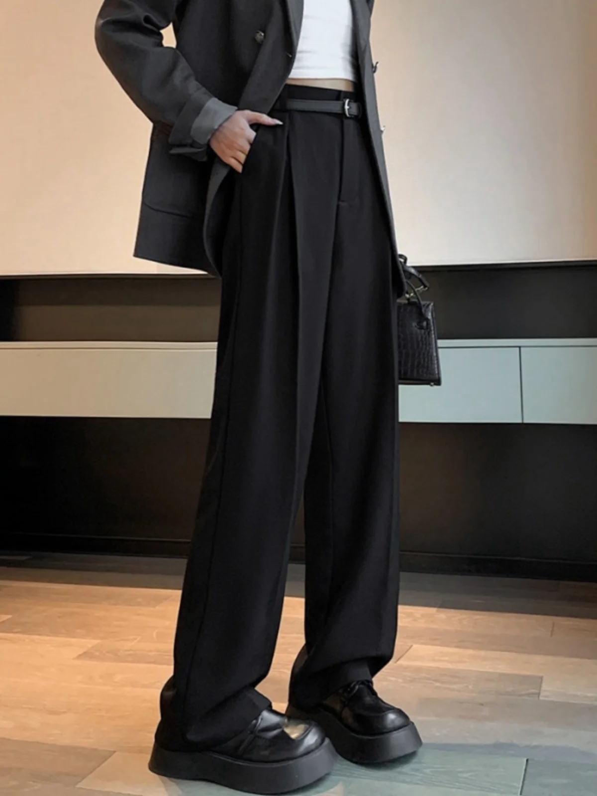 Elegant Wide Leg Suit Pants Women's Casual Floor Length Draped Pleated Trousers High Waist Long Pants Comfortable Soft Fabric