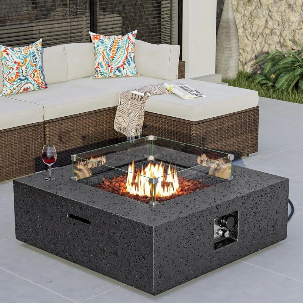 Outdoor Propane Fire Pit Coffee Table w Square Faux Stone 35-inch Base, 50,000 BTU Stainless Steel Burner, Free Lava Rocks