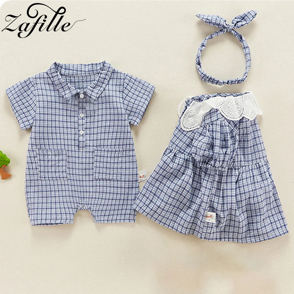 ZAFILLE Twins Baby Clothes Plaid Brother Sister Matching Outfit Summer Newborn Infant Clothing Casual Boys Girls Bodysuit Romper