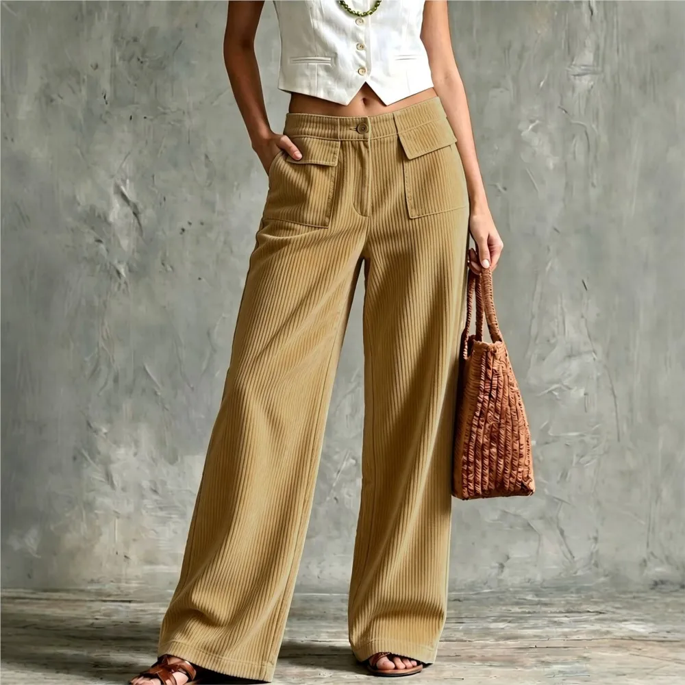 Pantalones de pana de color liso, de corte amplio, para mujer, ideales para el otoño e invierno, de estilo retro y casual, con cintura alta, doble bolsillo y corte recto.