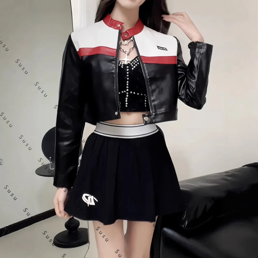 

2025 new contrasting color splicing locomotive suit pilot jacket short version jacket women's leather jacket leather custom slim