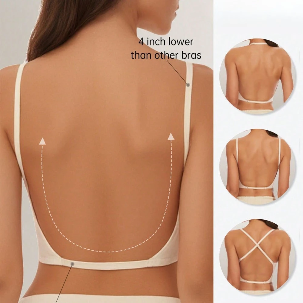 Sujetador sin costuras en forma de U con espalda baja, inalámbrico, push-up con almohadillas, lencería diaria para mujer, estilo europeo-americano.