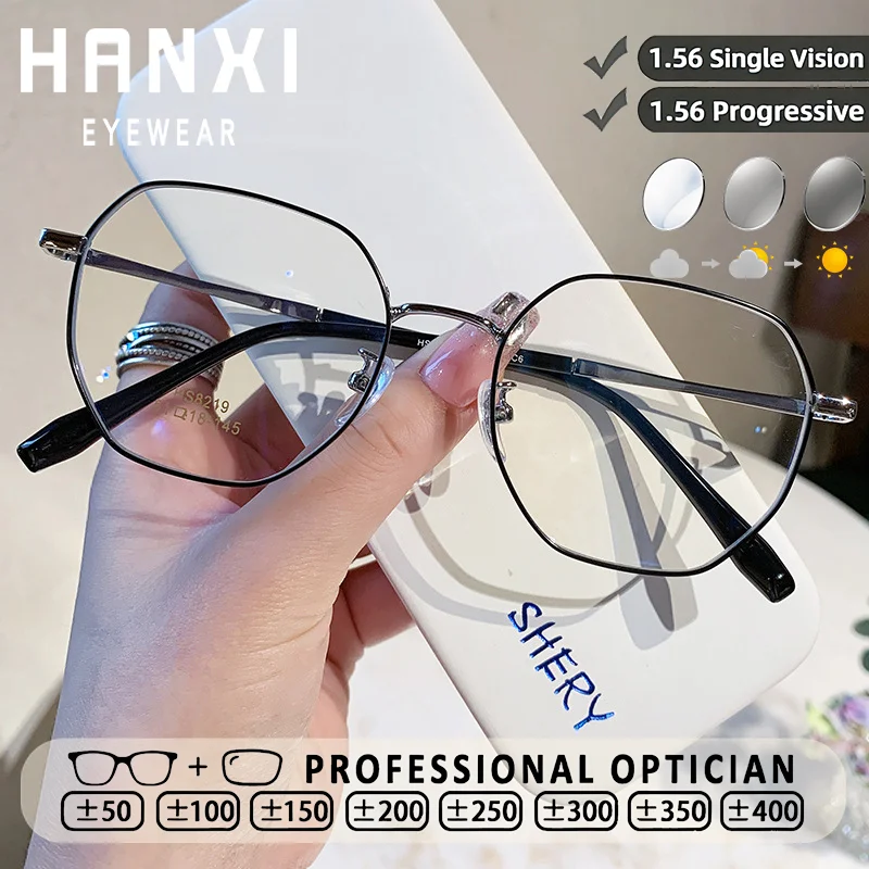 HANXI Metal Retro Polygon Frame Progressive Reading Glasses Women Anti Blue Light Custom Photochromic Myopia Prescription Glasse