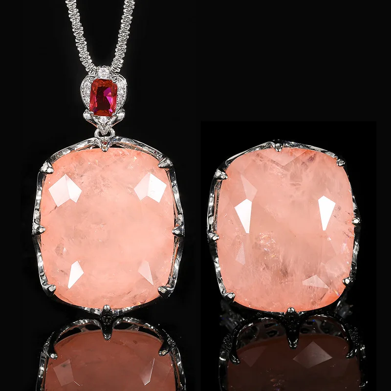 Large Cushion Cut Pink Rose Quartz Pendant Necklace Adjustable Ring Red Ruby Accent Statement Jewelry for Women Party Gift