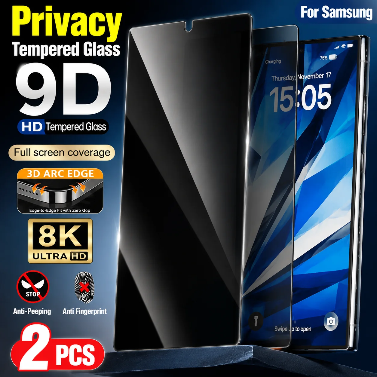 2Pcs Full Cover Anti Spy Screen Protector for Samsung S26 S25 S24 Ultra S23 S22 S21 Plus S25 S24 FE 9H Hardness Tempered Glass