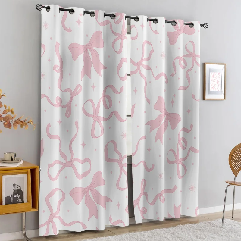 

2Pcs Pink Cute Girly Bow Print Perforated Blackout Curtains, Multi Size Living Room Kidsroom Bedroom Insulation Decoration