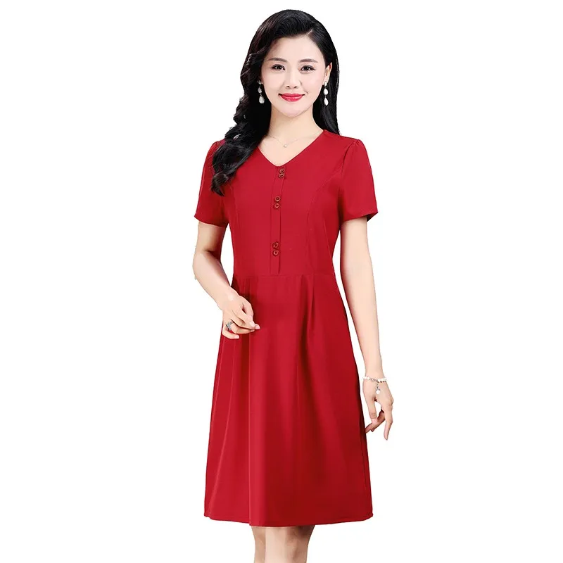 Summer Midi Dress Women Korean Vintage Solid Casual Dress 2024 Short Sleeve Elegant Party Dresses