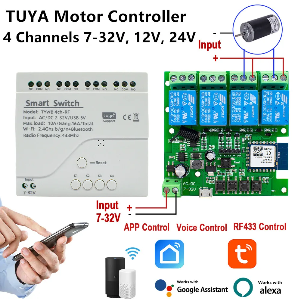 Tuya 4CH WIFI DC Motor Controller SmartLife Switch,DC 12V 24V 32V 4 Channel Pulse Inching Trigger Relay,Alice Alexa RF433 Remote