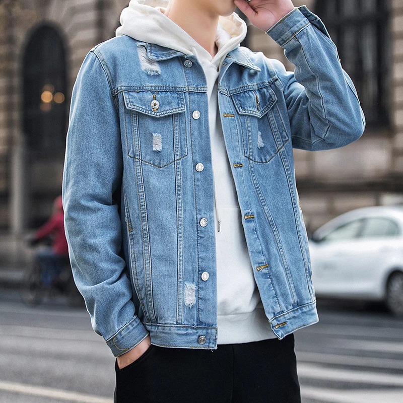 

Men's Denim Jackets Loose Tattered Large Casual Tops Sprint &Autumn Choice Youth Fashionable 3 Colors Available Breathable Sale.