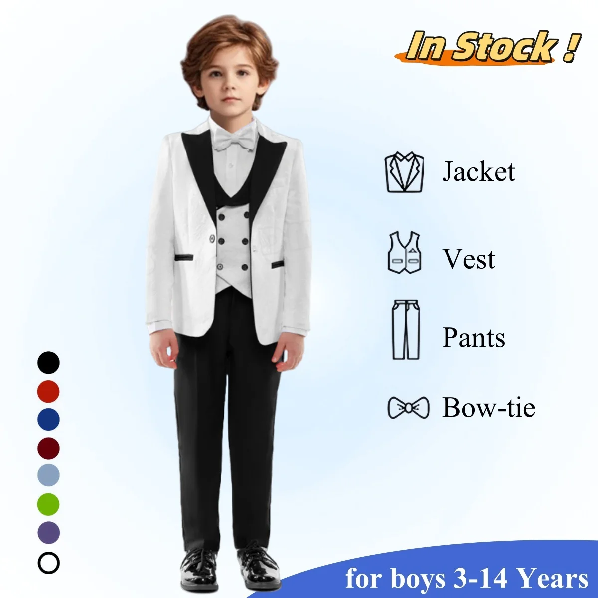 

Top Dealing Boys Suit Set Including Blazer Vest Pants Bowtie - Jacquard One Button Jacket Tuxedo Pants - 8 Colors Formal Suits