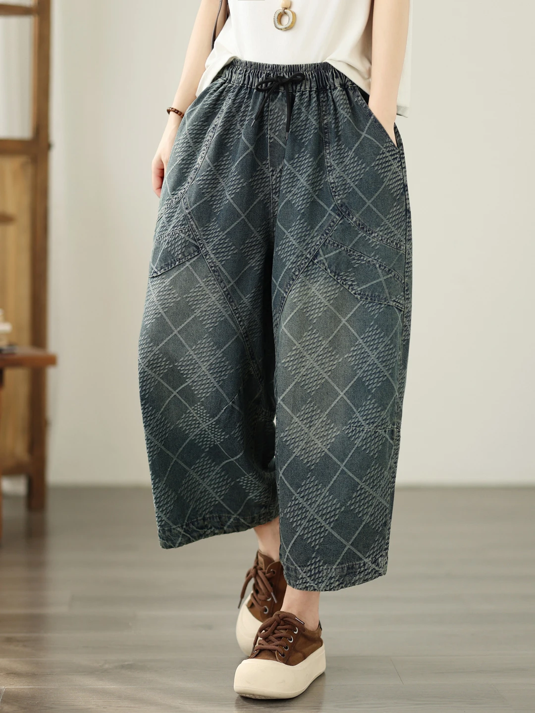 

Authentic Summer Loose Casual Fashion Embroidered Soft Denim Wide Leg Pants Floral Print High Waist Cotton Polyester Blend