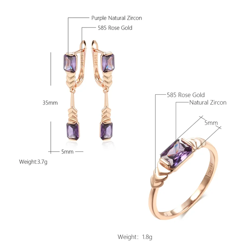 Wbmqda Fashion Square Purple Natural Zircon Earrings Rings For Women 585 Rose Gold Color High Quality Daily Party Jewelry Sets